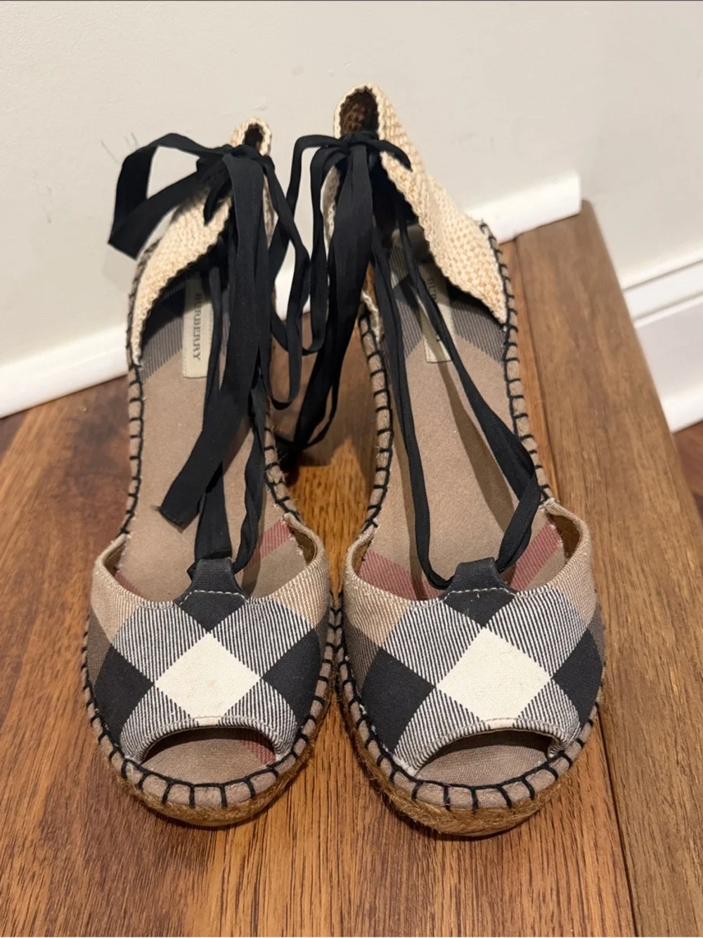 Burberry Beige Black White Check Espadrille Wedge Sandals